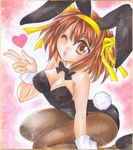  amedama_(mikan_ame) animal_ears blown_kiss bow bowtie brown_eyes brown_hair bunny_ears bunny_tail bunnysuit detached_collar kneeling pantyhose shikishi short_hair solo suzumiya_haruhi suzumiya_haruhi_no_yuuutsu tail traditional_media wrist_cuffs 