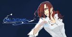  2013 aozaki_touko blue_background character_name dated glasses hair_over_one_eye kara_no_kyoukai oorum ponytail red_hair serious shirt white_shirt 