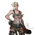  2013 ammunition_belt areola_slip areolae armband blue_eyes breasts bryan_fury cigarette cleavage crop_top dated explosive gatling_gun genderswap genderswap_(mtf) gloves grenade gun hand_on_hip large_breasts lips scar short_hair short_shorts shorts signature smoking solo tekken thigh_strap underboob weapon white_hair yi_lee 