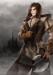  absurdres axe blue_eyes brown_hair castle castlevania castlevania:_curse_of_darkness chain cloud cloudy_sky coat food_fighter_441 gloves highres long_hair male_focus pants ralph_c_belmondo scar shirt short_sleeves sky weapon whip 