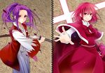  blush bow bowtie braid cape foreshortening formal hair_bow hands japanese_clothes katana long_hair meira multiple_girls okazaki_yumemi petals ponytail purple_eyes purple_hair red_eyes red_hair robe samurai skirt_suit smile suit sword touhou touhou_(pc-98) weapon yukian 