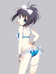  ass bikini black_hair blue_eyes blush bow chain cuffs flat_chest hair_bow kunihiro_hajime looking_at_viewer looking_back mouth_hold ponytail popsicle_stick saki shackles short_hair solo swimsuit tattoo tokumi_yuiko 