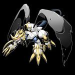  armor black_background black_wings blonde_hair cannon claws digimon digimon_adventure_02 glowing glowing_eyes horns imperialdramon monster no_humans red_eyes sharp_teeth short_hair simple_background solo spikes tail teeth wings 