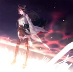  bare_shoulders black_legwear blush boots brown_hair detached_sleeves double_bun fire hair_ornament hairband headgear highres japanese_clothes jumping_dogeza kantai_collection kongou_(kantai_collection) long_hair nontraditional_miko skirt smile smoke solo thigh_boots thighhighs torn_clothes torn_legwear yellow_eyes 