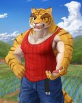  belt biceps big_muscles body_markings chest claws clothing feline gomibako hand_on_hip looking_at_viewer male mammal markings morenatsu muscles nipples one_eye_closed open_mouth pants pecs shirt standing stripes tank_top teeth tiger tight_clothing torahiko_ooshima wink 