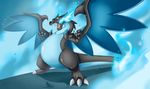  amazing black_dragon blue_background blue_fire charizard claws fangs fire horn magnastorm male mega_charizard mega_charizard_x mega_evolution nintendo open_mouth plain_background pok&#233;mon pok&eacute;mon red_eyes solo standing unknown_artist video_games wings 