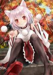  animal_ears autumn_leaves black_legwear blush breasts detached_sleeves fingernails geta hat highres inubashiri_momiji large_breasts leaf looking_at_viewer maple_leaf panties panties_under_pantyhose pantyhose paw_pose red_eyes sakura_ran short_hair silver_hair skirt smile solo stairs striped striped_panties tail tokin_hat touhou tree underwear white_hair wolf_ears wolf_tail 