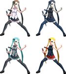  alternate_color aqua_eyes aqua_hair black_legwear blazblue blonde_hair blue_eyes brown_hair cosplay fearless_night fighting_stance flat_chest forehead full_body grey_eyes hatsune_miku hatsune_miku_(cosplay) multiple_girls nunchaku original pale_skin pixelated pleated_skirt poco_muerte princess_pettanko rachel_alucard red_eyes skirt sleeveless spike_wible thighhighs transparent_background twintails vocaloid weapon zettai_ryouiki 