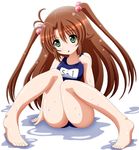  barefoot brown_hair green_eyes highres imai_kazunari koshigaya_komari long_hair non_non_biyori school_swimsuit swimsuit twintails two_side_up wet 