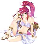  arm_support bandeau bare_shoulders bracelet breasts bucchake_(asami) cleavage collarbone jewelry large_breasts long_hair looking_at_viewer navel oda_nobunaga_(sengoku_otome) ponytail red_hair sandals sengoku_otome shiny shiny_skin simple_background sitting smile solo very_long_hair white_background yellow_eyes 