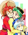  :&lt; closed_eyes donald_duck earrings green_hair grin hand_on_another's_head hat hug hug_from_behind jewelry jose_carioca lowres male_focus multiple_boys panchito_pistoles personification ponytail red_hair smile sombrero the_three_caballeros tsuntsun_(tuuuuuuntun) white_hair 