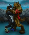  abs anthro biceps big_muscles black_fur black_nose body_markings brown_fur canine chest chest_tuft claws couple duo eyes_closed fangs forest fur gay grey_fur grin gripping holding hug hyena male mammal markings muscles night night_sky nude outside pawpads paws pecs pose ribbons smile spots spotted_hyena standing teeth toe_claws toned tree tuft vallhund xinuodao yuetu 