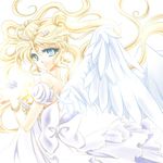  back_bow bare_shoulders bishoujo_senshi_sailor_moon blonde_hair blue_eyes bow crescent double_bun dress facial_mark forehead_mark hair_ornament hairpin long_hair looking_back lowres maboroshi_no_ginzuishou princess_serenity shirataki_kaiseki smile solo strapless strapless_dress tsukino_usagi twintails white white_background white_wings wings 