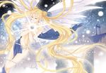  bishoujo_senshi_sailor_moon blonde_hair censored closed_eyes cloth convenient_censoring crossed_arms crystal double_bun facial_mark forehead_mark jewelry light_particles long_hair maboroshi_no_ginzuishou necklace nickii25 nude pearl_necklace solo tsukino_usagi twintails white_wings wings 