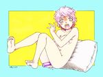  barefoot colorized commentary_request constricted_pupils covering covering_breasts full_body harumachi_nagaaki navel nude object_insertion original pillow pink_hair pussy pussy_juice short_hair solo surprised tears vaginal vaginal_object_insertion vibrator 
