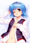  ;p blue_hair blush dress_shirt hairband hand_on_own_chest jpeg_artifacts little_busters! long_sleeves lying navel nishizono_midori one_eye_closed open_clothes open_shirt orange_eyes school_uniform shirt short_hair solo tongue tongue_out vest zen 