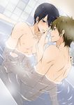  bath bathing bathtub black_hair blue_eyes blush brown_hair free! frottage green_eyes hand_on_another's_face hato_yu-ki male_focus male_masturbation masturbation multiple_boys nanase_haruka_(free!) nude penis shared_bathing tachibana_makoto wet yaoi 