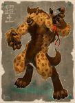  anthro biceps big_muscles black_nose body_markings brown_fur chest claws digitigrade fangs flexing fur gnoll hyena looking_at_viewer male mammal markings muscles nude paws pecs pockyrumz pose red_eyes ribbons snarling solo spots spotted_hyena standing tan_fur teeth toe_claws toned vein yuetu 