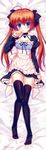  absurdres apron bed bed_sheet black_legwear blue_eyes blush brown_hair copyright_request dakimakura dress from_above full_body highres huge_filesize legs long_sleeves looking_at_viewer lying nanao_naru on_back on_bed on_stomach solo thighhighs twintails 