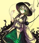  bow green_eyes hat hat_bow heart heart_of_string komeiji_koishi long_sleeves looking_at_viewer shirt silver_hair skirt smile solo spark621 third_eye touhou wide_sleeves yellow_background 