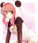  alternate_hairstyle animal_costume arm_support bad_id bad_pixiv_id baozi breasts cleavage food heart inu_x_boku_ss looking_at_viewer medium_breasts mouth_hold noki_(potekoro) panda_costume pink_eyes pink_hair roromiya_karuta solo 