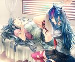  2girls bandage blue_hair dangan-ronpa dangan-ronpa_2 elbow_gloves ichimura_(kiln) long_hair mioda_ibuki red_eyes skirt tears thighhighs torn_clothes tsumiki_mikan 