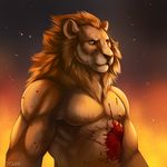  biceps blood brown_eyes brown_fur brown_hair brown_nose chest feline fire fur hair lion male mammal mane muscles pecs pose rotarr solo standing toned topless yellow_eyes 
