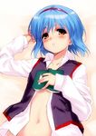  blue_hair blush book dress_shirt hairband jpeg_artifacts little_busters! long_sleeves lying navel nishizono_mio open_clothes open_shirt orange_eyes parted_lips school_uniform shirt short_hair solo vest zen 