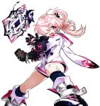  1girl :d artist_request bike_shorts black_footwear black_gloves black_legwear black_shorts boots elsword fighting_stance full_body gloves hair_over_one_eye highres kneehighs laby_(elsword) long_hair looking_to_the_side mirror nisha_(elsword) official_art open_mouth pink_hair red_eyes rumble_pumn_(elsword) sharp_teeth shorts side_ponytail smile solo teeth transparent_background white_hoodie 