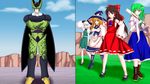  4girls armor bad_id bad_pixiv_id blonde_hair bow broom brown_eyes brown_hair cell_(dragon_ball) crossed_arms crossover day detached_sleeves dragon_ball dragon_ball_z evil_grin evil_smile grass green_eyes green_hair grin hair_bow hair_ornament hair_ribbon hair_tubes hakurei_reimu hand_on_hip hat highres kirisame_marisa kochiya_sanae konpaku_youmu konpaku_youmu_(ghost) long_hair long_sleeves moyatto multiple_girls muscle perfect_cell puffy_sleeves red_eyes ribbon short_hair silver_hair skirt sky smile smirk snake_hair_ornament sword touhou weapon white_skin wings witch witch_hat 
