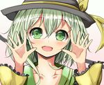  bad_id bad_pixiv_id bow collarbone green_eyes green_hair hat hat_bow highres komeiji_koishi open_hands open_mouth solo touhou velia wide_sleeves 