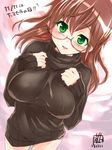  blush breasts brown_hair dated dutch_angle glasses green_eyes highres large_breasts no_pants open_mouth original ribbed_sweater solo sweater tokita_monta turtleneck 