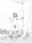  armlet blush breasts full_body greyscale harumachi_nagaaki highres long_hair looking_at_viewer masturbation monochrome navel nipples nude object_insertion open_mouth original outdoors planted_sword planted_weapon pussy shoes small_breasts solo standing sword tree vaginal vaginal_object_insertion weapon 