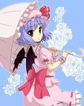  back bat_wings blue_background blue_hair bow floral_background flower frilled_skirt frills hat hat_ribbon highres looking_back mob_cap parasol puffy_sleeves red_eyes remilia_scarlet ribbon rose shirt short_sleeves simple_background skirt skirt_set smile solo touhou umbrella utakata_(azaka00) vest wings wrist_cuffs 
