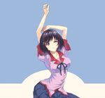  hanekawa_tsubasa monogatari_(series) nyan_(themare) one_eye_closed purple_eyes school_uniform short_hair solo 