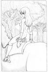  arm_support ass bad_id bad_pixiv_id breasts dildo from_behind greyscale harumachi_nagaaki horse kneehighs legs_apart long_hair looking_back medium_breasts monochrome nipples nude original outdoors parted_lips plant pussy_juice saddle simple_background straddling tree vaginal white_background wrist_cuffs 