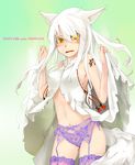  blush fangs female garter_belt hair human lingerie long_hair looking_at_viewer mammal navel original panties simple_background solo tattoo underwear white_hair wolf_ears wolf_tail yellow_eyes yes_warabi 