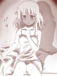  amazon_(taitaitaira) bare_arms bed bed_sheet blush comic embarrassed hand_on_own_chest holding kirisame_marisa legs_together monochrome shadow short_hair solo touhou translated underwear underwear_only wavy_mouth 