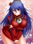  alternate_hair_length alternate_hairstyle blue_hair blush bottomless breast_hold breasts bug_(artist) clothes_tug covered_nipples covering covering_crotch hair_ornament highres large_breasts long_hair naked_sweater no_pants red_eyes ribbed_sweater solo sweater sweater_tug touhou turtleneck yasaka_kanako 