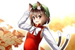  animal_ears aps_(alice-momizi) blush bow brown_hair cat_ears cat_tail chen fang floral_print hand_on_headwear hat long_sleeves looking_at_viewer mob_cap multiple_tails open_mouth red_eyes shirt short_hair simple_background smile solo tail touhou white_shirt 
