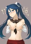  between_breasts blue_eyes blue_hair blush breast_squeeze breasts detached_sleeves hair_ribbon isuzu_(kantai_collection) kantai_collection large_breasts long_hair navel necktie nipples ribbon sailor_collar skirt solo topless twintails u_nagi 