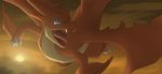  3_toes blue_eyes charizard claws fangs flying looking_at_viewer male mega_charizard mega_charizard_y mega_evolution nintendo outside pok&eacute;mon sky solo sun tongue unknown_artist video_games wings 