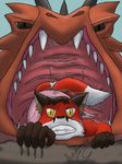  aurunemaru canine dragon forced fox fur male mammal mawshot mouth_shot open_maw open_mouth red_fur saliva size_difference tongue vorarephilia vore 
