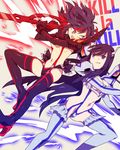  bad_id bad_pixiv_id black_hair blue_eyes boots breasts hashiko_(pecopom) junketsu kill_la_kill kiryuuin_satsuki matoi_ryuuko medium_breasts multicolored_hair multiple_girls navel revealing_clothes scissor_blade senketsu suspenders sword thigh_boots thighhighs two-tone_hair underboob weapon 