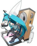  aqua_eyes aqua_hair boots detached_sleeves hatsune_miku long_hair microphone microphone_stand necktie one_eye_closed open_mouth pinky_out satellite_dish skirt solo speaker thigh_boots thighhighs twintails very_long_hair vocaloid yomi_(incubator) 