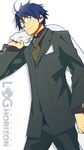  blue_hair formal glasses hara_kazuhiro log_horizon male_focus shiroe solo suit 