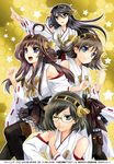  bare_shoulders black_hair black_legwear blue_eyes blush boots breasts brown_hair detached_sleeves double_bun glasses hair_ornament hairband hairclip haruna_(kantai_collection) headgear hiei_(kantai_collection) japanese_clothes kanna_(plum) kantai_collection kirishima_(kantai_collection) kongou_(kantai_collection) long_hair medium_breasts multiple_girls nontraditional_miko open_mouth pantyhose plaid plaid_skirt short_hair skirt smile thigh_boots thighhighs yellow_background yellow_eyes 