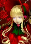  bad_id bad_pixiv_id bangs blonde_hair blue_eyes blunt_bangs bonnet bow bowtie colored_eyelashes drill_hair expressionless floral_background flower long_hair red_flower red_rose rose rozen_maiden shinku solo yumechigai 