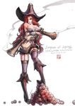  bare_shoulders boots breasts brown_eyes cannonballs cleavage full_body garter_straps gun hair_over_one_eye handgun hat high_heels highres large_breasts league_of_legends loiza long_hair looking_at_viewer navel pistol red_hair sarah_fortune signature simple_background solo watermark weapon web_address white_background 