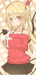  :3 alternate_costume bare_shoulders blonde_hair blush collarbone contemporary cup demon_tail flandre_scarlet hair_ribbon highres laevatein laevatein_(tail) long_hair looking_at_viewer mug ribbed_sweater ribbon sakurea side_ponytail skirt smile solo sweater tail touhou wings 